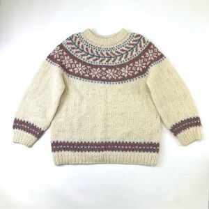 Fairisle handknit pullover sweater Womens Small rose cream Alpine winter